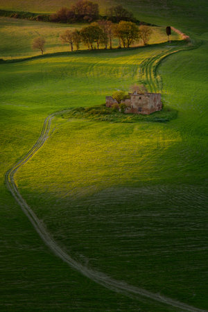 Italy, Tuscany, Volterra medieval city, campaign at the first light of dayの写真素材