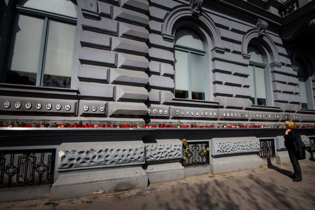 Budapest, capital of Hungary, oil lamps from the Museum of Terror at the AndrÃ¡ssy 60のeditorial素材