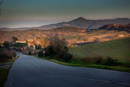 Casale Marittimo, Pisa, Tuscany - Italy - landscape of hills with view of Ricrio facing the Val di Cecina, Volterra and Quercetoのeditorial素材