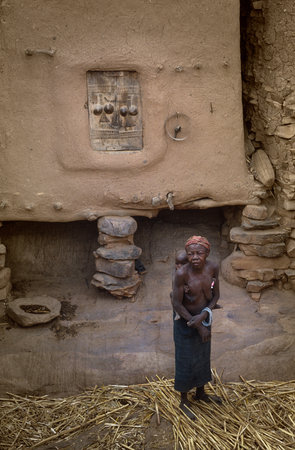 Tireli, Mali, Africa - January 30, 1992: Dogon village and typical mud buildings, buildings used as barns for the storage of cerealsのeditorial素材