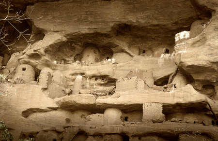 Tireli, Mali, Africa - January 30, 1992: Dogon village and typical mud buildingsのeditorial素材