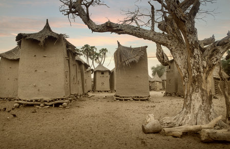 Ansongo, Mali, Africa - January 28, 1992: Dogon village and typical mud buildings with toguna and barns for cerealsのeditorial素材