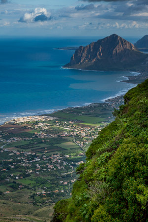 Erice, Trapani, Sicily, Italy - panoramic view in background Trapaniの写真素材