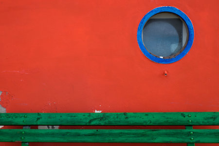 Vada, Leghorn, Tuscany - The old small houses of fishermen of Vada, seventy years are set in front of the harbor beach, rich colors of orange, blue, yellow, turquoiseの写真素材