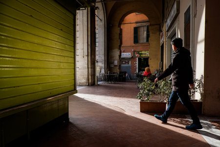 Pisa, Italy - February 26, 2017: The vaults of the portico of Piazza Garibaldi in Pisa, Tuscany, Italyのeditorial素材