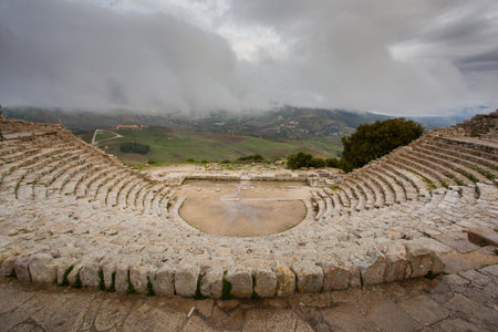 Segesta, Italy - September 15, 2009: The 2nd century greek Theatre of Segesta, historical landmark in Sicily, Italyの写真素材