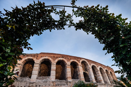 View of Arena historical building in Verona during the flower festival, lone of the most popular cities of Veneto, Italyのeditorial素材