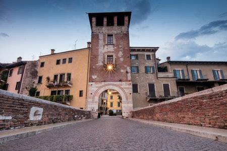 Verona, Italy - Ancient Roman bridge Ponte Pietra and the River Adige, Verona, Italyの写真素材