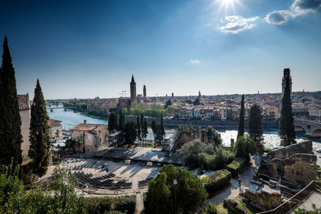 Verona, Italy - view of the city from roman Amphitheater of the Teatro Romano in Verona, Italy, with the Archaeological Museumの写真素材