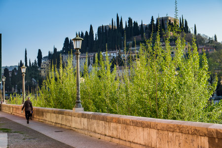 VERONA, Italy - April 04, 2017: Verona skyline from river Adige, bridges, view of Castel San Pietro, Italyのeditorial素材