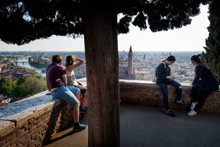 VERONA, Italy - April 04, 2017: Verona skyline with river Adige, bridges, Santa Anastasia Church view from Castel San Pietro, view of the city on a warm spring afternoon, Italyのeditorial素材