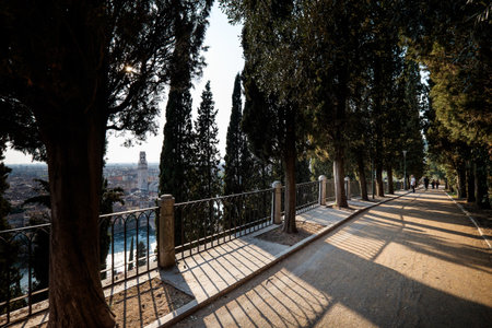 VERONA, Italy - April 04, 2017: Verona skyline with river Adige, bridges, Santa Anastasia Church view from Castel San Pietro, view of the city on a warm spring afternoon, Italyのeditorial素材