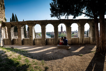 VERONA, Italy - April 04, 2017: Amphitheater of the Roman Theater in Verona, Italy, lovers and view of the city from roman archesのeditorial素材