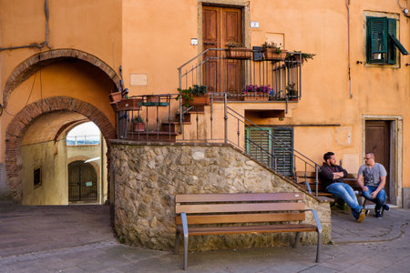 GUARDISTALLO, Pisa, Italy - April 23, 2017: Plebiscito Square with stairs and benchのeditorial素材