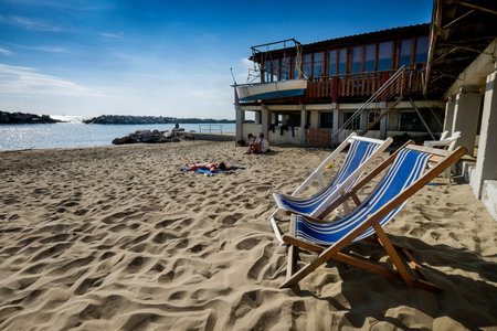 MARINA DI PISA, ITALY - Avril 24, 2017: View of the sea and the beach of white pebbles in Marina di Pisa Tuscanyのeditorial素材