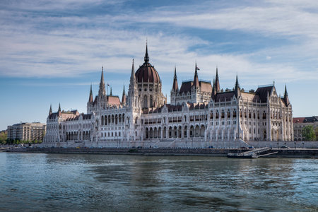 Budapest, Hungary - The Parliament and the palaces of the government quarter from the Danube riverのeditorial素材