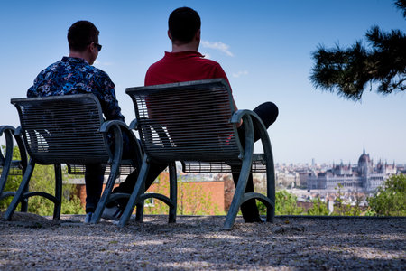 BUDAPEST, HUNGARY - AVRIL 16, 2016: View of Pest with Parliament from Rose Hill to Budaのeditorial素材