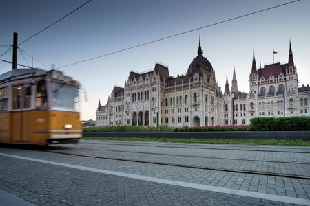 BUDAPEST, HUNGARY - AVRIL 16, 2016: Tram tracks in Kossuth squareのeditorial素材