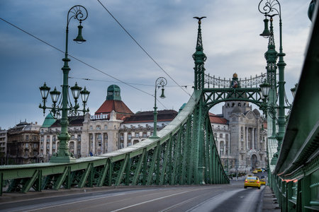 Budapest, capital of Hungary, lamps of the Liberty bridge with the Hotel Gellertのeditorial素材