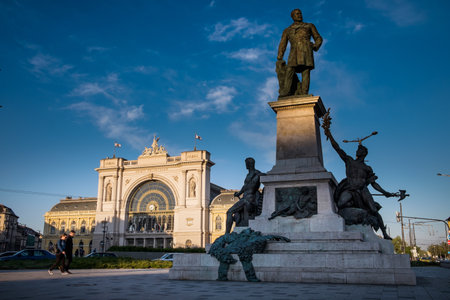 Budapest, capital of Hungary, the Baross square with the statue of Gabor Baross and the Keleti Stationのeditorial素材
