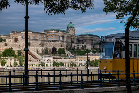 Budapest, capital of Hungary, the legendary tram two - circulates the Pest side of the Danube with a view of the Palace of Budapestのeditorial素材