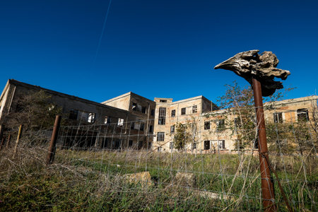 Volterra, Pisa, Italy - November 1, 2017: Hikers depart from Saline for the Volterra hills with panoramic views across the old railway, former Colonia Tanzi today abandonedのeditorial素材