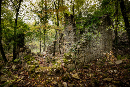 Montecatini Val di Cecina, Pisa, Italy - November 7, 2017: It is an itinerary in the Monterufoli Nature Reserve, the path turns through the old railway realised for transporting the brown-coal and operating between 1872 and 1928 のeditorial素材