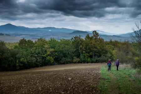 Casaglia, Pisa, Italy - 09 november, 2017: Trekking route towards the ancient village in Casaglia, Municipality of Montecatini Val di Cecina in the Province of Pisa, along the beautiful views and hills typical of Tuscanyのeditorial素材