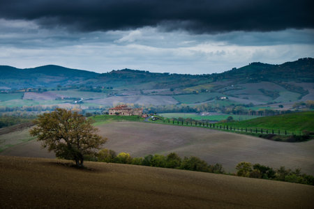 Casaglia, Pisa, Italy - 09 november, 2017: Trekking route towards the ancient village in Casaglia, Municipality of Montecatini Val di Cecina in the Province of Pisa, along the beautiful views and hills typical of Tuscanyのeditorial素材