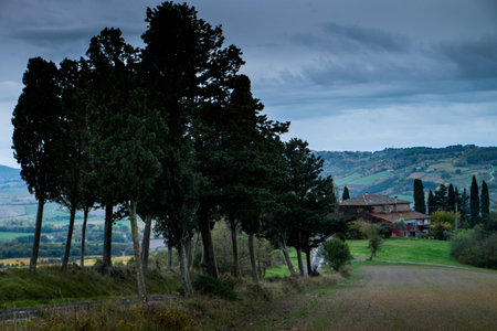 Casaglia, Pisa, Italy - 09 november, 2017: Trekking route towards the ancient village in Casaglia, Municipality of Montecatini Val di Cecina in the Province of Pisa, along the beautiful views and hills typical of Tuscanyのeditorial素材