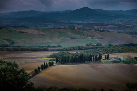 Casaglia, Pisa, Italy - 09 november, 2017: Trekking route towards the ancient village in Casaglia, Municipality of Montecatini Val di Cecina in the Province of Pisa, along the beautiful views and hills typical of Tuscanyのeditorial素材