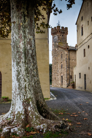 Casaglia, Pisa, Italy - 09 november, 2017: Trekking route towards the ancient village in Casaglia, Municipality of Montecatini Val di Cecina in the Province of Pisa, along the beautiful views and hills typical of Tuscanyのeditorial素材