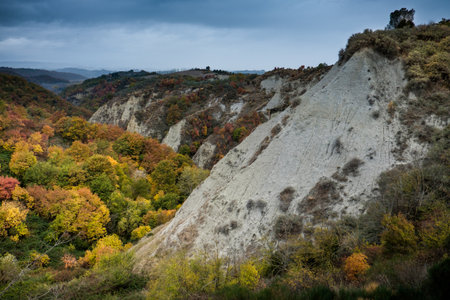 Chiusure, Siena, Tuscany - Novembre 12, 2017: Autumnal trekking in the province of Siena, from Buonconvento village along the Cassia Road, to the confluence of the rivers Arbia and Ombrone then along the historical Via Francigena and the village of Chiusuのeditorial素材