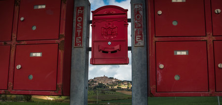 Casale Marittimo, Pisa, Italy - November 23, 2017: Trekking route towards the medieval village in Casale M.mo, in the Province of Pisa, along the beautiful views and hills typical of Tuscanyの写真素材