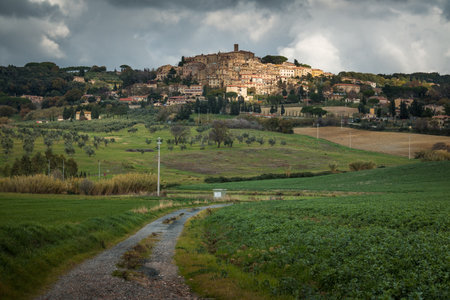 Casale Marittimo, Pisa, Italy - November 23, 2017: Trekking route towards the medieval village in Casale M.mo, in the Province of Pisa, along the beautiful views and hills typical of Tuscanyのeditorial素材