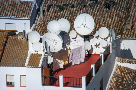 Setenil de las Bodegas, Cadiz province, Andalusia, Spain, panoramic view and TV parablesの写真素材