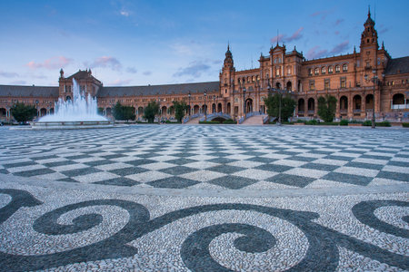 Seville, Andalusia, Spain - Spain Square in city of Seville, it was designed by the Seville architect Anibal Gonzalez for the Ibero-American Exhibition of 1929の写真素材