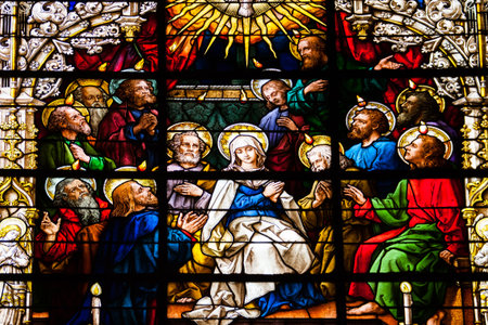 Seville, Andalusia, Spain - stained glass window inside of the Seville Cathedral of Saint Mary and is the third largest church in the worldのeditorial素材