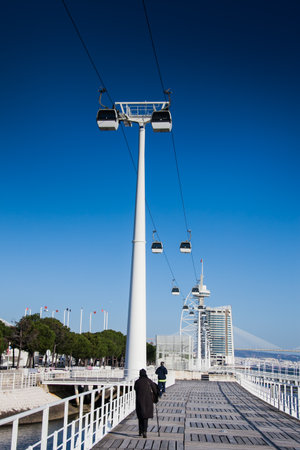 LISBON, PORTUGAL - January 31, 2011: Vasco da Gama tower and the cable cars in the area around the...