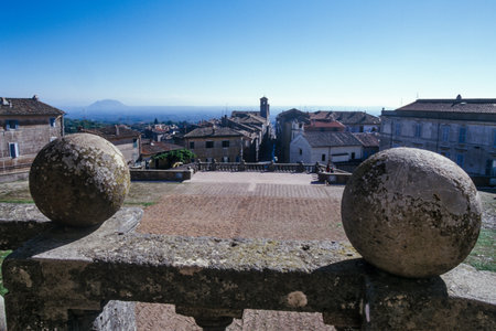 Italy, Lazio, Caprarola (Viterbo), Villa Farnese. Detail. Front view of the facade of the palace that faces the village, Villa Farnese (Palazzo Farnese), by Barozzi Jacopo known as Vignola, 1550 - 1559, 16th Centuryのeditorial素材