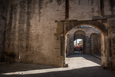 PIOMBINO, TUSCANY, ITALY - Avril 01, 2018: Piombino, Tuscany, Italy - complex of the castle with the Torrione and the RIvellinoのeditorial素材