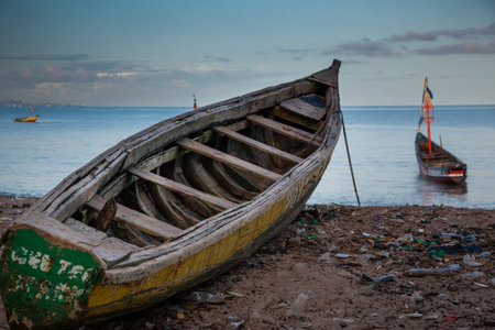 YONGORO, SIERRA LEONE - June 05, 2013: West Africa, the beach with fishing boats in front of the capital Freetown, Sierra Leoneのeditorial素材