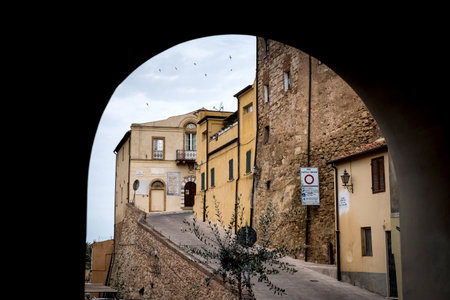 Bibbona, Leghorn, Italy - April 2018 the medieval village of Bibbona in Tuscany, the building of the municipality, the old seat of the city councilのeditorial素材
