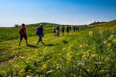 ASCIANO, TUSCANY, Italy - April 25, 2018: trekking, Asciano with ravines, farms in a harsh landscape, arrived in Serre di Rapolano known for the travertine quarries, but from the medieval heart. Unknown people walking along the famous white roadsのeditorial素材