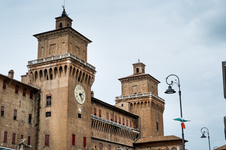 FERRARA, ITALY - Castello (Castle) Estense, a four towered fortress from the 14th century, Ferrara, E,ilia-Romagna, Italyのeditorial素材