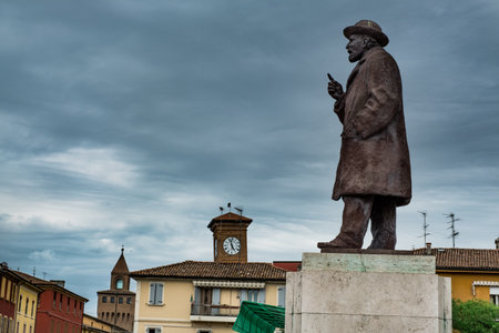 MOLINELLA, ITALY - May 01, 2018: Giuseppe Massarenti Square and the statue dedicated to the trade...