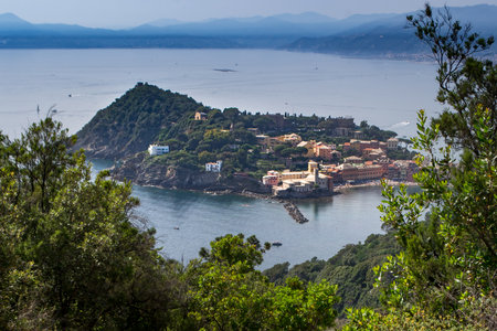SESTRI LEVANTE, GENOA, ITALY - view of the Sestri Levante peninsula, with the former Convent of the Annunciation and of the Bay of Silence from above, from the path that leads to Punta Manara, through the pinewood and the plants of strawberry tree, Liguria, Italyの写真素材