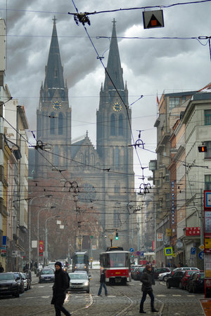 PRAGUE, CZECH REPUBLIC - FEBRUARY 18, 2013: Church of St Ludmila on Namesti Miru Peasce Square in Pragueのeditorial素材