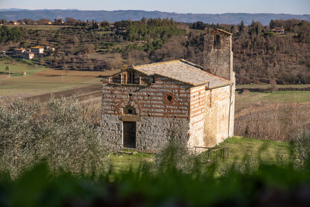 Santi Ippolito and Cassiano romanic church is a place of Catholic worship located in the locality of Coneo, in the municipality of Colle di Val d'Elsa, in the province of Siena, Tuscanyの写真素材