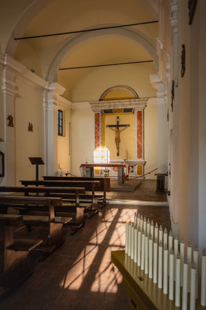 Inside of the Church of the Most Holy Crucifix in the medieval village of Suvereto, province of Livorno, Tuscany, Italyのeditorial素材
